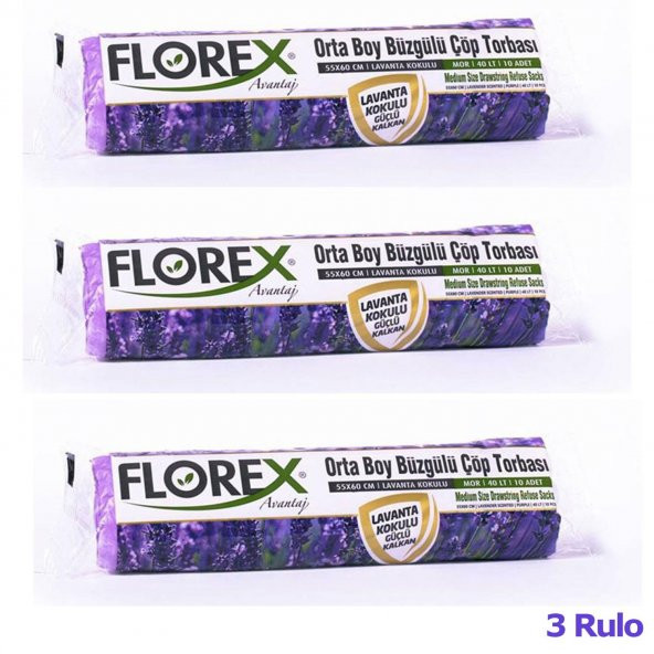 Florex 40 Litre Büzgülü Lavanta Kokulu Çöp Torbası Poşeti / 55 x 60 Cm. - 10 Adetlik 3 Rulo - 2