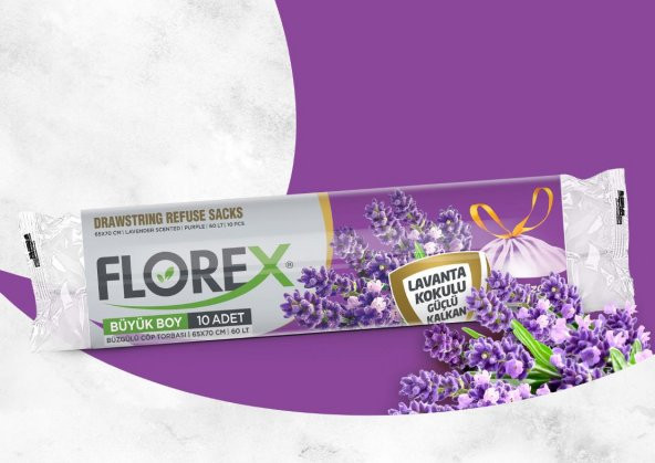 Florex 40 Litre Büzgülü Lavanta Kokulu Çöp Torbası Poşeti / 55 x 60 Cm. - 10 Adetlik 10 Rulo - 5