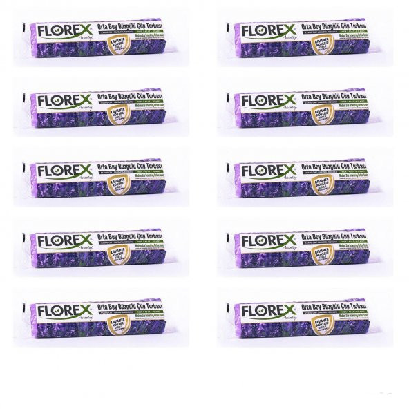 Florex 40 Litre Büzgülü Lavanta Kokulu Çöp Torbası Poşeti / 55 x 60 Cm. - 10 Adetlik 10 Rulo