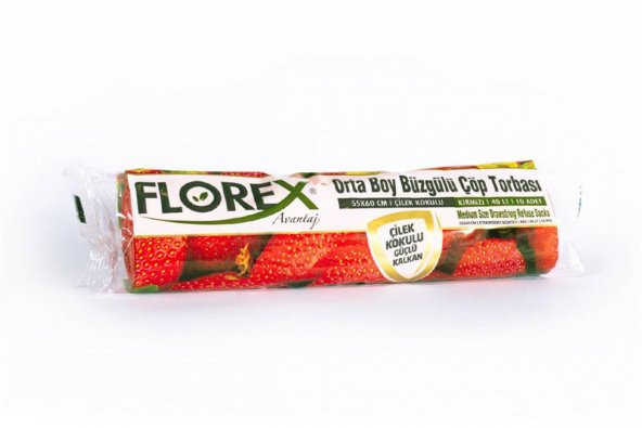 Florex 40 Litre Büzgülü Çilek Kokulu Çöp Torbası Poşeti / 55 x 60 Cm. - 10 Adetlik 3 Rulo - 3