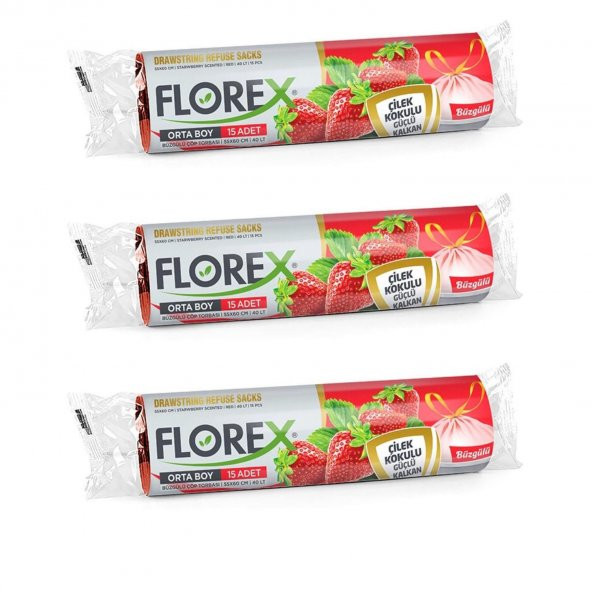 Florex 40 Litre Büzgülü Çilek Kokulu Çöp Torbası Poşeti / 55 x 60 Cm. - 10 Adetlik 3 Rulo