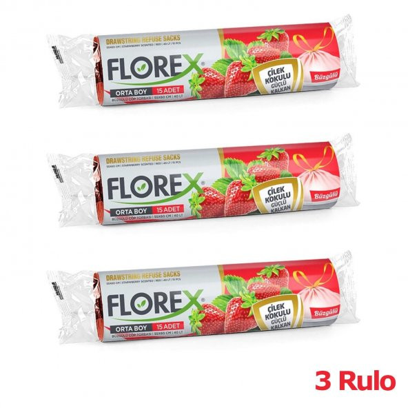 Florex 40 Litre Büzgülü Çilek Kokulu Çöp Torbası Poşeti / 55 x 60 Cm. - 10 Adetlik 3 Rulo - 2