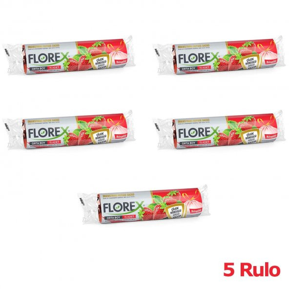 Florex 40 Litre Büzgülü Çilek Kokulu Çöp Torbası Poşeti / 55 x 60 Cm. - 10 Adetlik 5 Rulo - 2