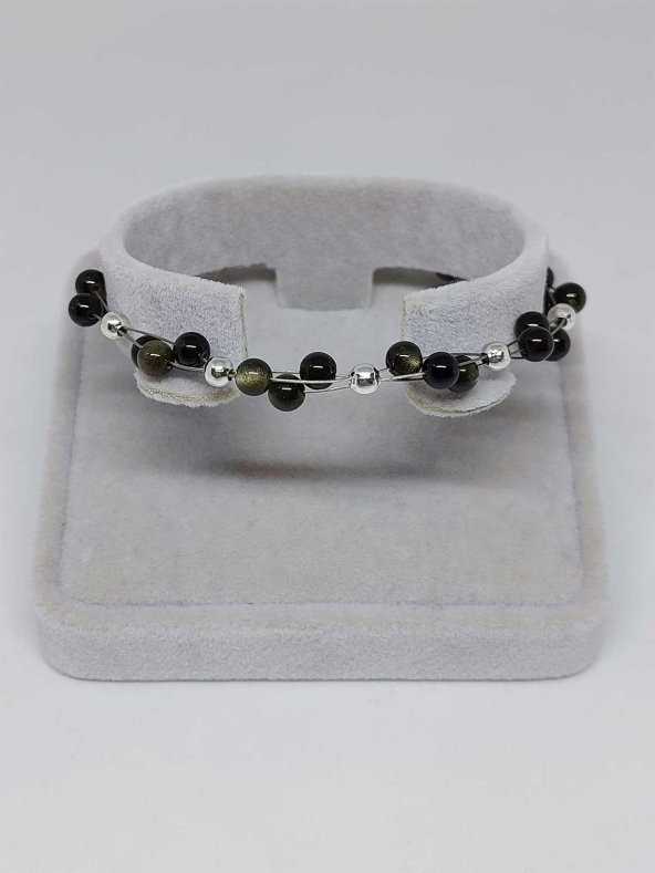 Golden & Siyah Obsidyen Taşı Bileklik 4mm ürün görseli