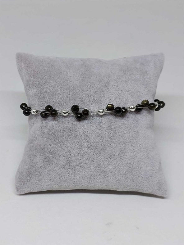 Golden & Siyah Obsidyen Taşı Bileklik 4mm - Resim 2