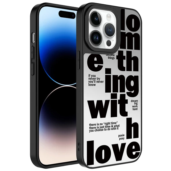 Apple iPhone 14 Pro Max Kılıf Aynalı Desenli Kamera Korumalı Parlak Zore Mirror Kapak  Love