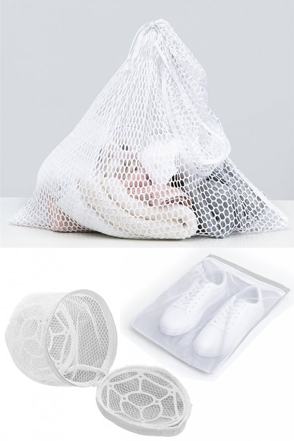 3lü Yıkama File Seti - Ayakkabı Filesi-Plastik Aparatlı Sütyen Yıkama- Çamaşır Yıkama Filesi (3984)