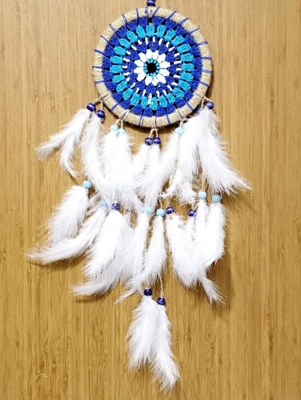 Nazar Boncuğu Desenli Dream Catcher El Yapımı Kuş Tüylü Rüya Kapanı Duvar Süsü - Resim 3