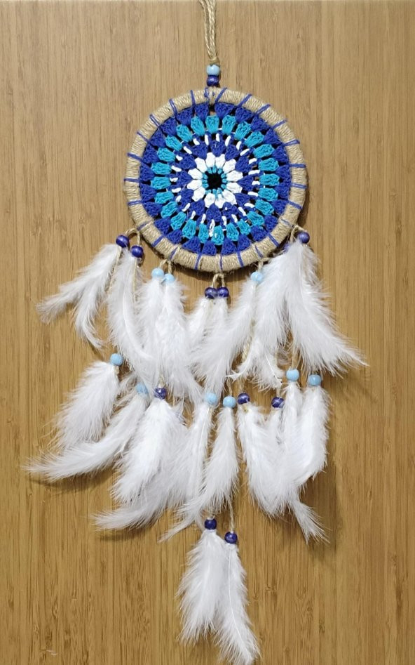 Nazar Boncuğu Desenli Dream Catcher El Yapımı Kuş Tüylü Rüya Kapanı Duvar Süsü - Resim 4