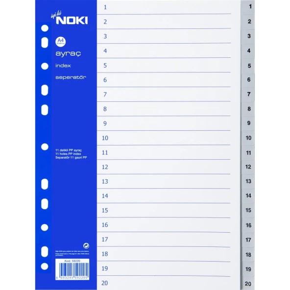 Noki Seperatör 1-20 Rakamlı Plastik A4 Plastik Ayraç Seperatör