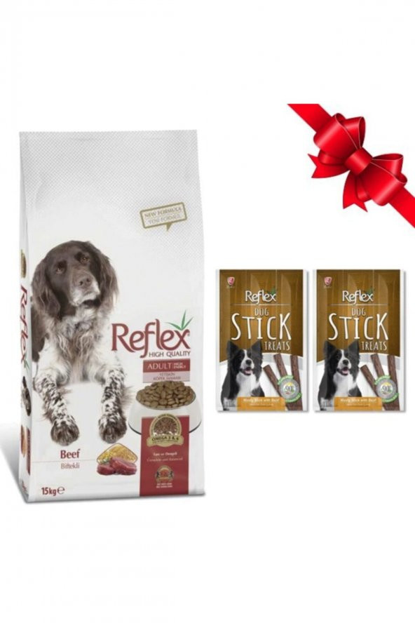 Reflex Biftekli Yetişkin Köpek Maması 15 Kg + 2 Adet Dana Etli Stick Ödül