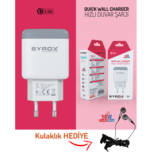 Hızlı 3.0a 18w Şarj Adaptörü Usb Girişli Q31 - KULAKLIK HEDİYELİ