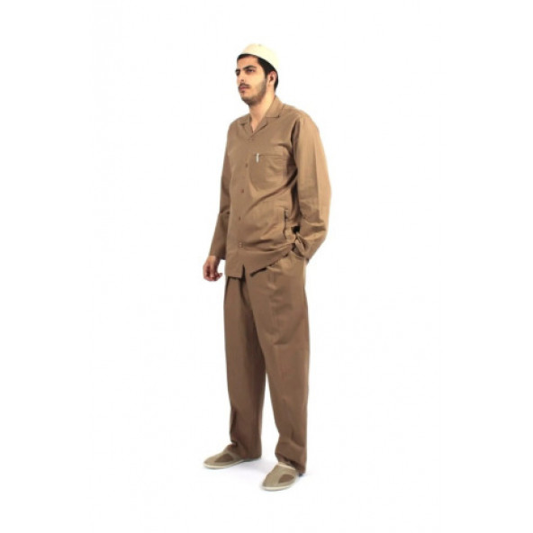 Hac Umre Kıyafeti Duble Cep Safari Takım Gabardin Kumaş Kahverengi - 3