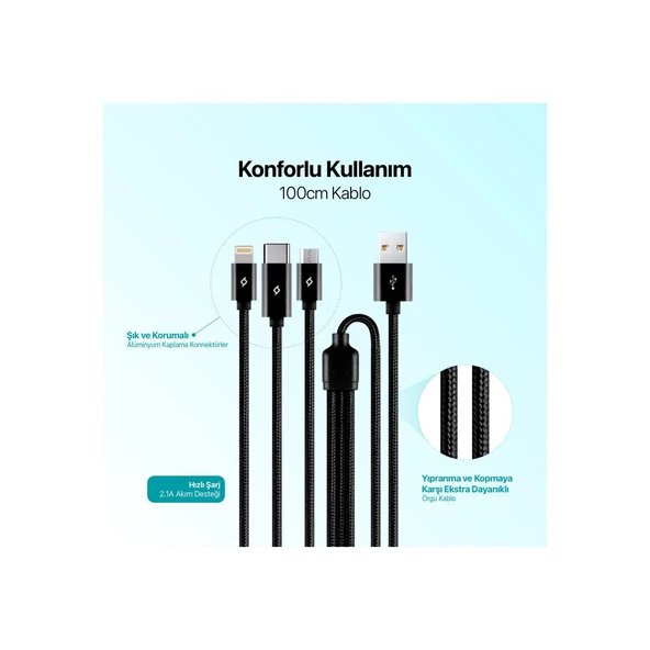 Ttec 2DK39S AlumiCable Trio Şarj Kablosu 1mt. USB-A - USB-C / Lightning / Micro USB - 2