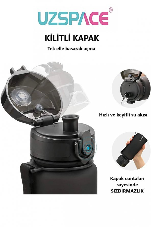 UZSPACE Büyük boy 28 cm 1000ml 1 Litre Su Matarası Bpa Koku Sızdırma Yok 3038 EKM - 3