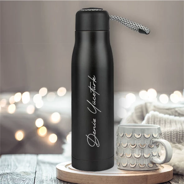 Kişiye Özel Termos Taşıma İpli Çift Katmanlı Sıcak Soğuk Muhafazalı Mug Çay Kahve Çelik Paslanmaz