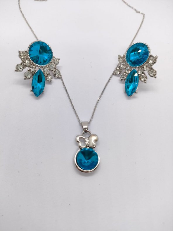 Gümüş Renk Mavi Taşlı Kolye-Küpe Set - 3