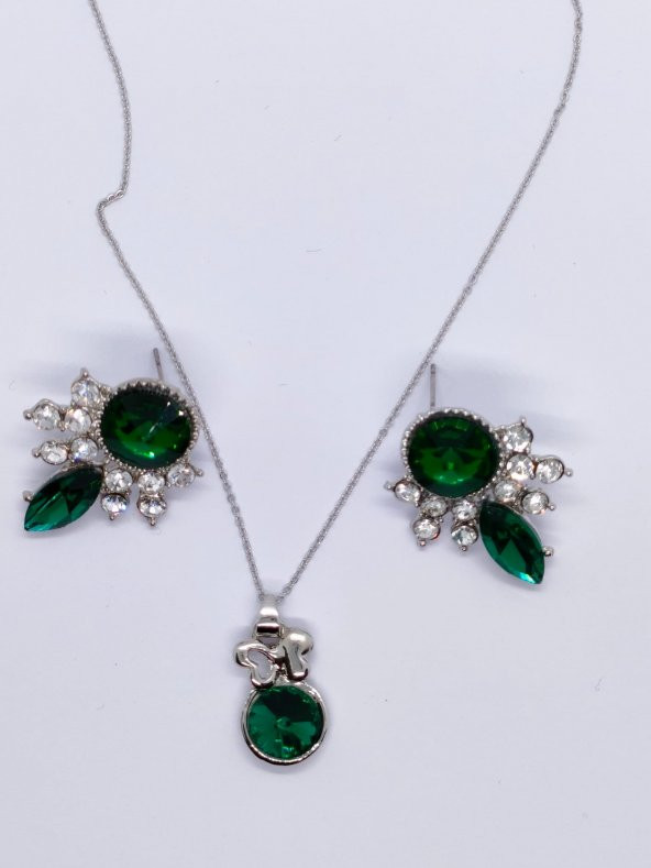 Gümüş Renk Yeşil Taşlı Kolye-Küpe Set - 2