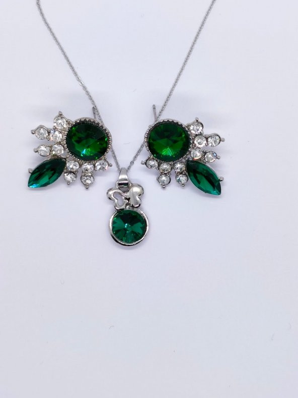 Gümüş Renk Yeşil Taşlı Kolye-Küpe Set - 4