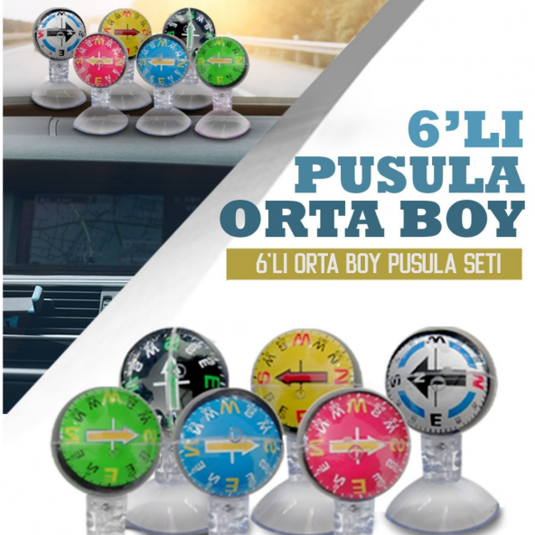 Araç Içi Vantuzlu Renkli 6lı Mini Pusula Seti Araç Işıksız Pusula