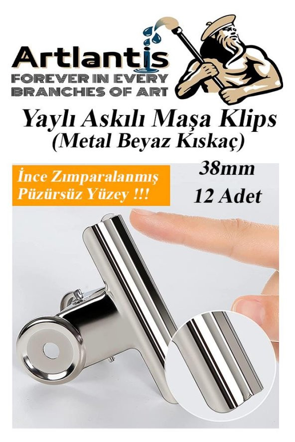 Yaylı Askılı Maşa Klips 38 mm 12 Adet Metal Beyaz Kıskaç 140 Yaprak Kapasiteli Pürüzsüz Mandal Kıskac