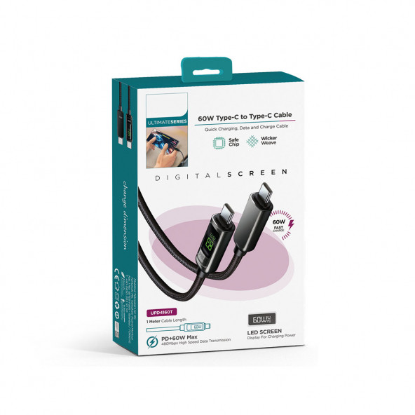 Zuidid LCD Ekranlı Metal Başlıklı Hasır Örgü Type-C to Type-C Hızlı Şarj ve Data Kablo - 3