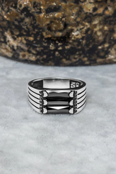 Mührü Süleyman İşleme Mikro Taşlı 925 Gümüş Erkek Yüzük - Resim 8