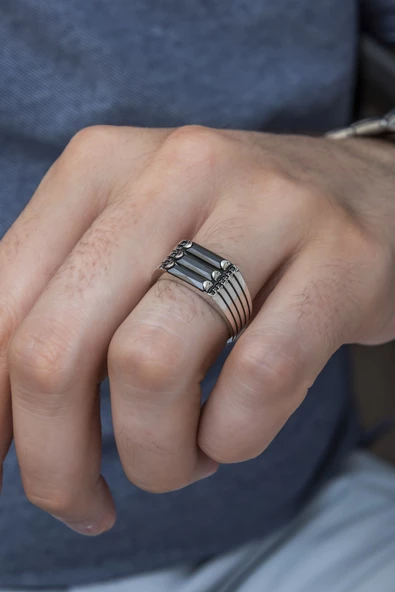 Mührü Süleyman İşleme Mikro Taşlı 925 Gümüş Erkek Yüzük - Resim 2