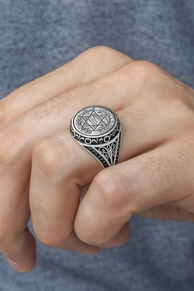 Mührü Süleyman İşleme Mikro Taşlı 925 Gümüş Erkek Yüzük - Resim 11