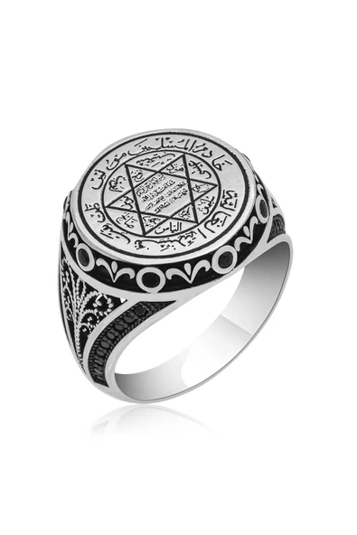 Mührü Süleyman İşleme Mikro Taşlı 925 Gümüş Erkek Yüzük - Resim 12