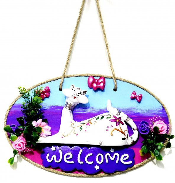 Kedi Figürlü Welcome Yazılı El Yapımı Kapı Süsü - Resim 2