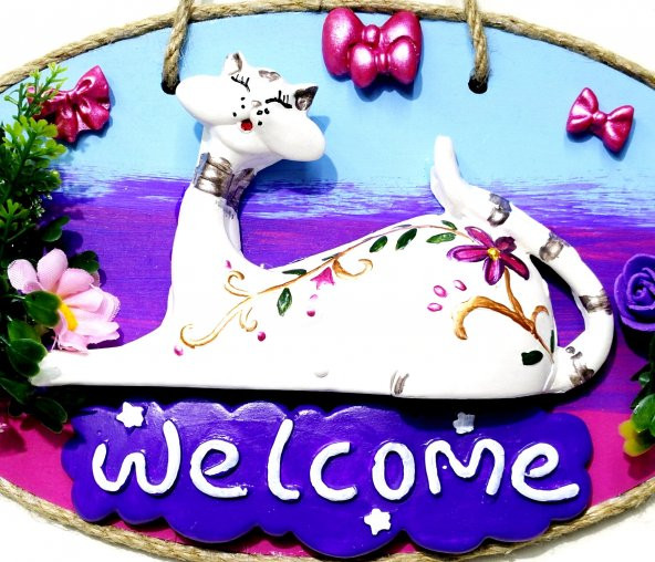 Kedi Figürlü Welcome Yazılı El Yapımı Kapı Süsü - Resim 3