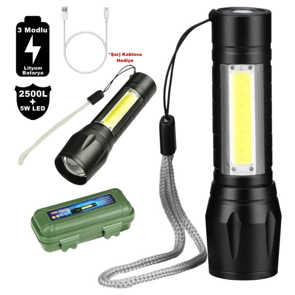 nefertiya Su Geçirmez Şarjlı El Feneri 2500 Lumens + 5W COB LED USB Lion Şarjlı Ultra Güçlü Q5 XPE