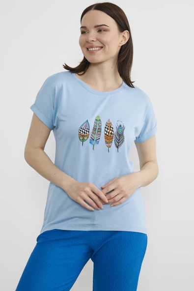 Baskılı Arkası Uzun Tişört - Mavi - 4