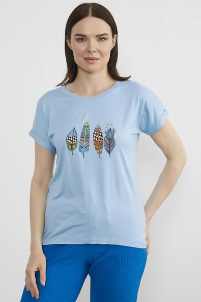 Baskılı Arkası Uzun Tişört - Mavi - 2