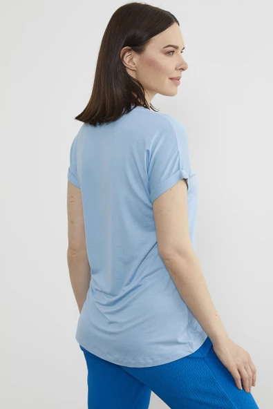 Baskılı Arkası Uzun Tişört - Mavi - 5