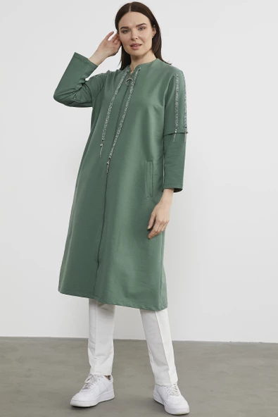 Hakim Yaka Fermuarlı Rahat Kalıp Kap - Yeşil - Resim 2