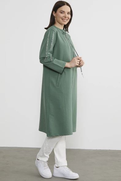 Hakim Yaka Fermuarlı Rahat Kalıp Kap - Yeşil - Resim 4