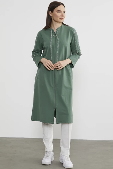 Hakim Yaka Fermuarlı Rahat Kalıp Kap - Yeşil - Resim 3