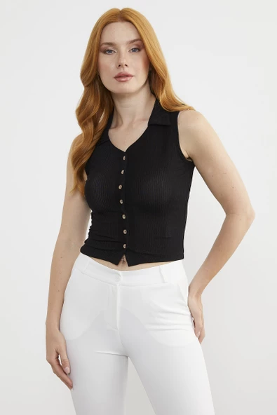 Gömlek Yaka Düğmeli Crop - Siyah