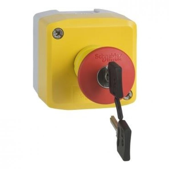 Schneider Electric XALK188E, sarı istasyon - 1 kırmızı mantar başlık basm düğ Ø40 anahtarla bırakılan 1NA+1NK