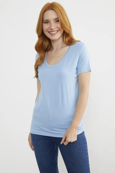 Açık Yaka Dökümlü Penye Tişört - Mavi ürün görseli 1