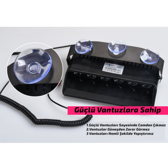 Polis Çakarı Cam Içi Vantuzlu 6 Led Kırmızı Mavi Çakmaklık Girişli Ön Arka Cam Polis Lamba 12 Mod - 3