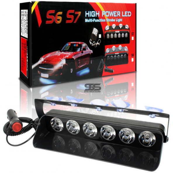 S6 Polis Çakarı Cam Içi Vantuzlu 6 Led Kırmızı Mavi Çakmaklık Girişli Ön Arka Cam 12 Mod - 9