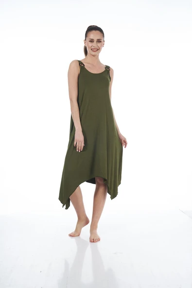 Estiva 23233 Kadın Düz Renkli Omuz Tokalı Likra Viskon Elbise - 5