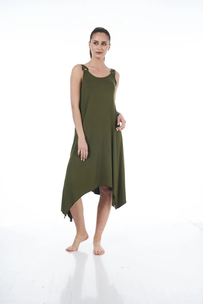 Estiva 23233 Kadın Düz Renkli Omuz Tokalı Likra Viskon Elbise - 6