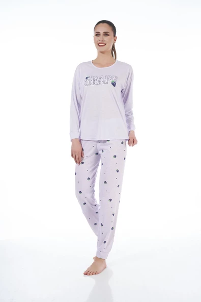 Estiva 22134 Kadın Üzüm Desenli Uzun Kollu Viskon Pijama Takım