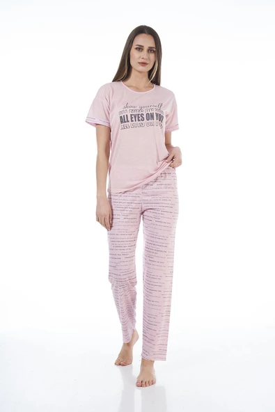 Estiva 22120 Kadın Yazı Desenli Kısa Kollu Viskon Pijama Takımı - 2