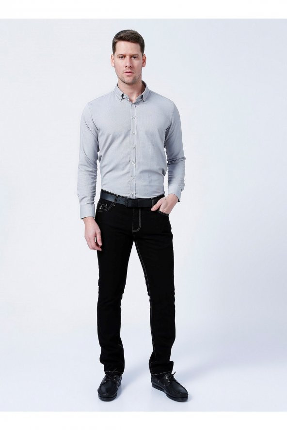 Slim Fit Armürlü Gri Erkek Gömlek ürün görseli