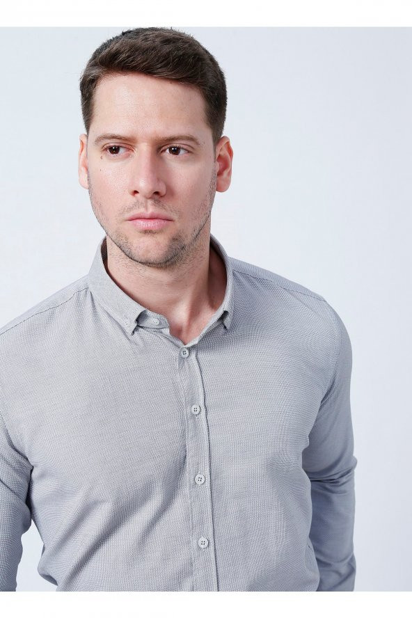 Slim Fit Armürlü Gri Erkek Gömlek - Resim 3